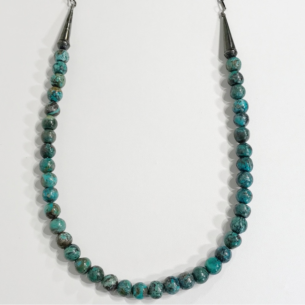 Vintage Native American Sterling Silver 9mm Turquoise Cone Beaded Necklace 24" - Picture 4 of 16